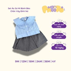 set áo sơ mi bánh bèo chân váy đính nơ