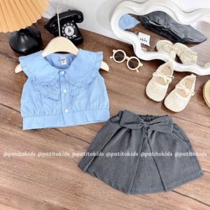 set áo sơ mi bánh bèo chân váy đính nơ