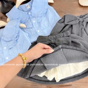 set áo sơ mi bánh bèo chân váy đính nơ